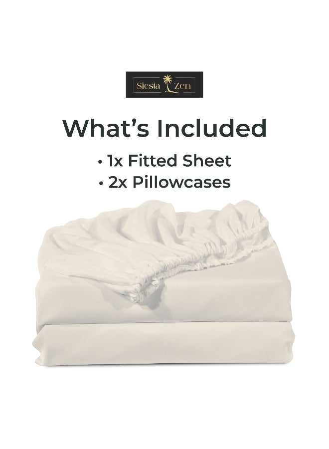Siesta Zen™ 3 Pcs Set Premium T250 Cotton Rich Fitted Sheet Set Full Elastic 30cm Deep Pocket Fits for All, Ultra Soft, Breathable, Wrinkle Resistant (1 Fitted+2 Pillowcases) - Image 3